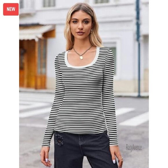 Long Sleeve Rib Knit Scoop Neck Tee Slim Fit Basic Top - Picture 5 of 8